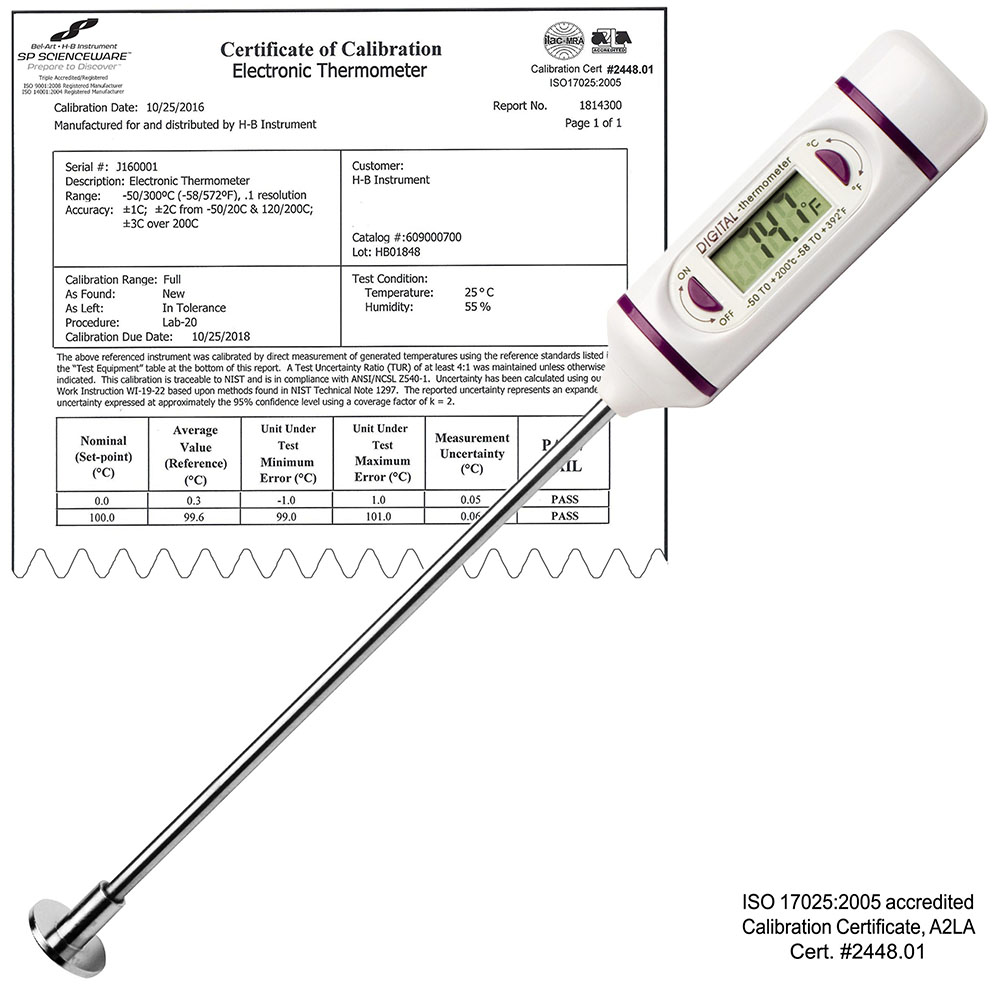 -50/200°C Range Auto Off Bel-Art B60900-2000 DURAC Calibrated Electronic Stainless Steel Stem Thermometer 