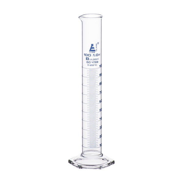 Eisco Graduated Cylinder, 100ml - Class B - Blue Graduations, Hexagonal ...