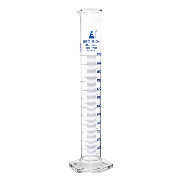 Eisco Graduated Cylinder, 250ml - Class A - Blue Graduations, Hexagonal ...