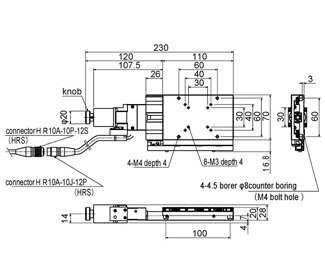 Suruga Seiki PMG750-R05AR motorized linear ball bearing XY multi axis stage with a stage platform size of 70x110mm, load capacity of 8.44kgf, travel distance of 50mm, and a lead of 1mm.