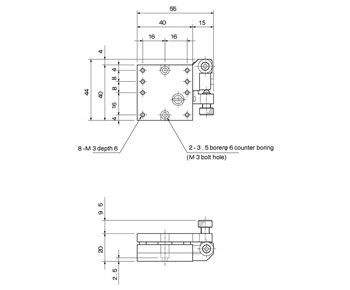 Line Drawing of B49-140 manual square rotary rotation tip tilt stage, 40x40mm platform