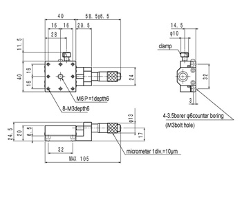 Line Drawing of B11-40A Manual X axis linear crossed roller micrometer stage.
