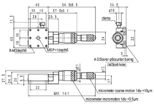 Line Drawing of B11-40B manual X axis linear crossed roller micrometer stage with a 40x40mm platform 
