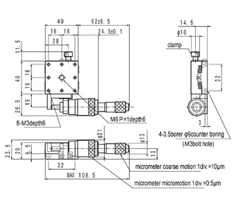 Line Drawing of B11-40B manual X axis linear crossed roller micrometer stage with a 40x40mm platform 